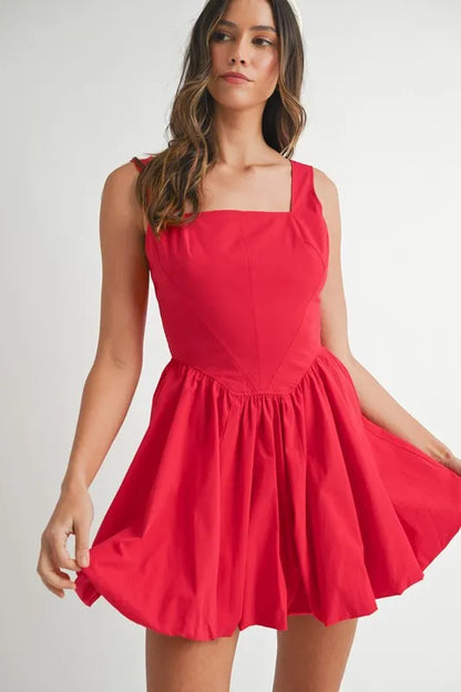 Poplin Square Neckline Bubble Mini Dress in Red - product view 1