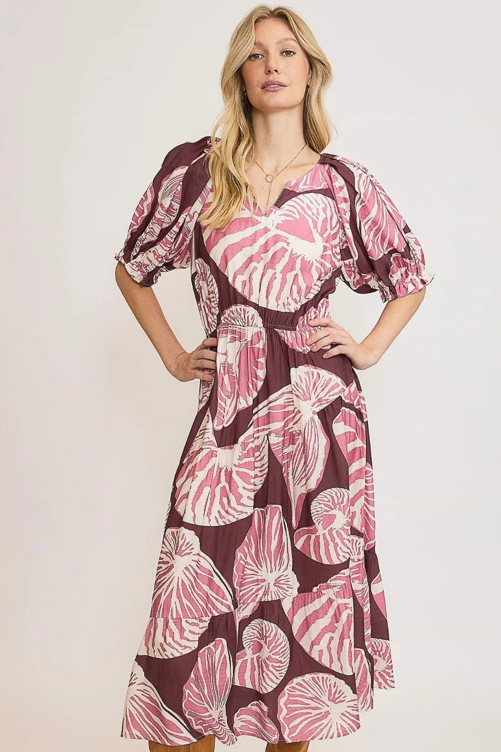 Full Size Printed Notched Puff Sleeve Midi Dress Plus Size - Plum/Mauve - product view 1