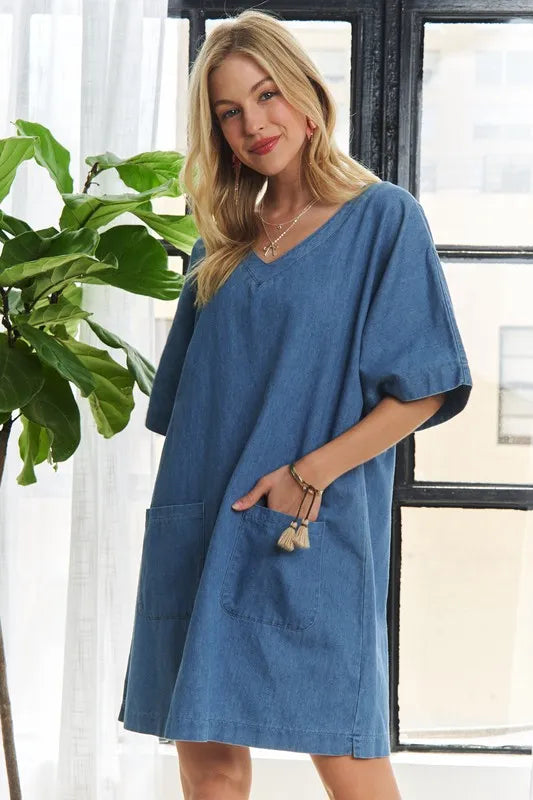 V-Neck Half Sleeve Mini Denim Dress in Peacock Blue - product view 3