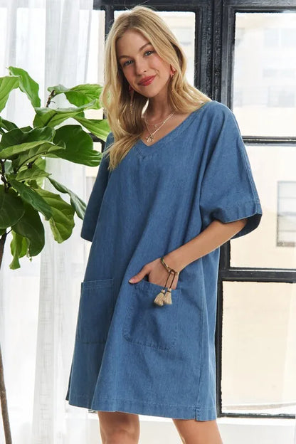 V-Neck Half Sleeve Mini Denim Dress in Peacock Blue - product view 3