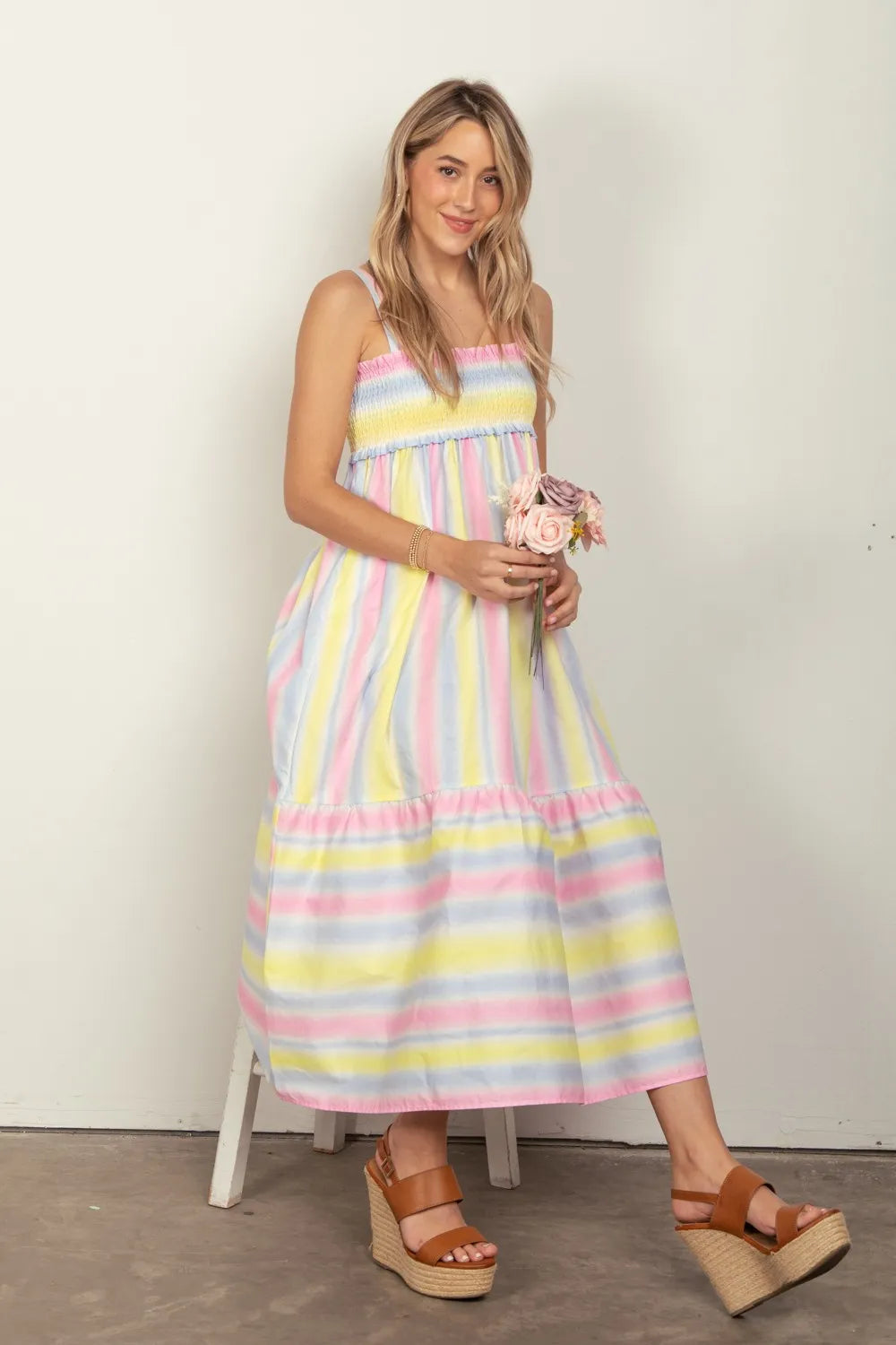 Striped Woven Smocked Midi Cami Dress in Pinkcombo - product view 3