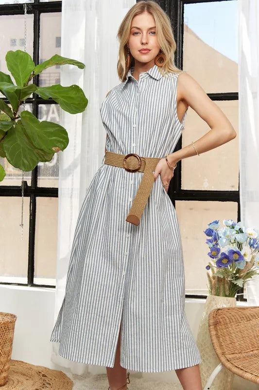 Striped Button Down Sleeveless Midi Dress - Air Force Blue - product view 1