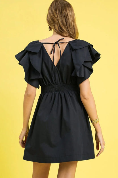 Double Ruffle Sleeve Fit and Flare Dress - Black - product view 3