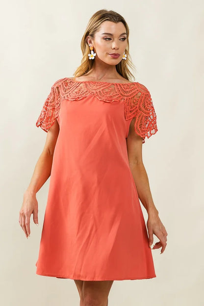 Crochet Lace Yoke Detailed Wrinkled Dress - Apricot - product view 7