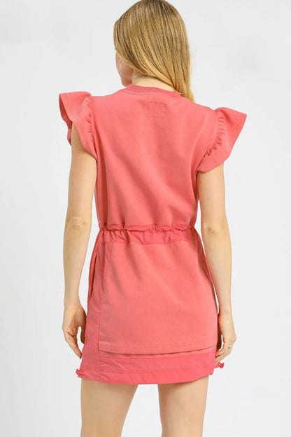 Luxe knit Ruffle Sleeve Drawstring Mini Dress - Strawberry - product view 3