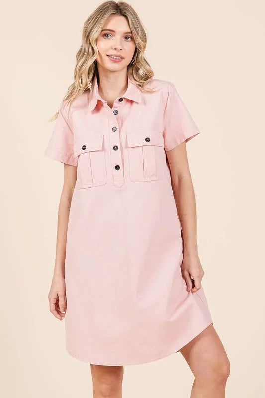 Button Detail Collared Neck Short Sleeve Shirt Dress - Baby Pink - product view 2