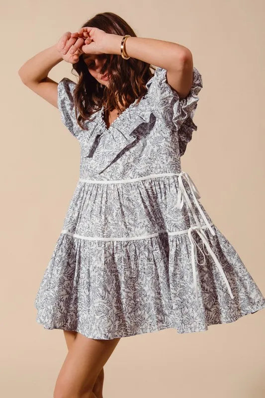 Cotton Printed Ruffle V Neckline Dress with Side Tie in Off White/Navy - product view 4