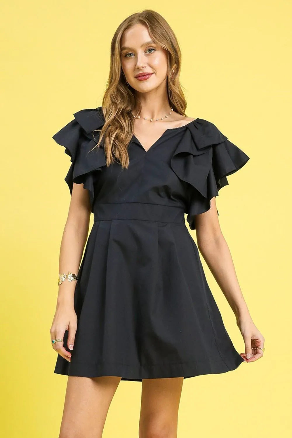 Double Ruffle Sleeve Fit and Flare Dress - Black - product view 1
