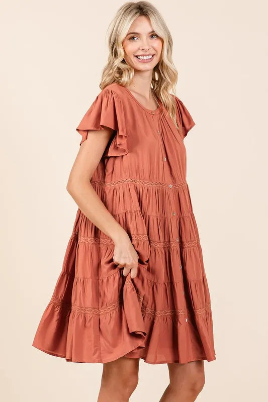 Lace Detail Ruffled Button Down Tiered Dress - Pumpkin - product view 4