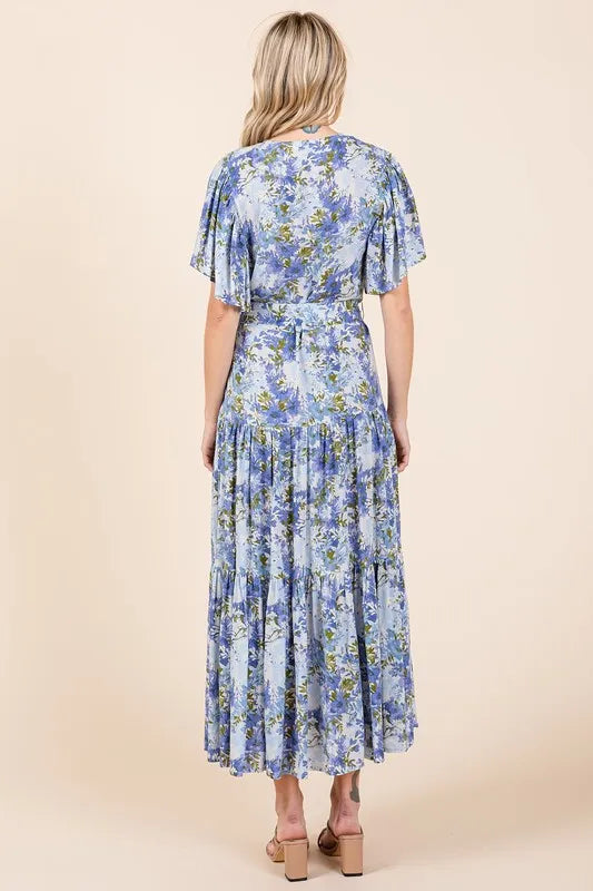 Floral Tie Waist Flutter Sleeve Tiered Dress in Dusty Blue - product view 6