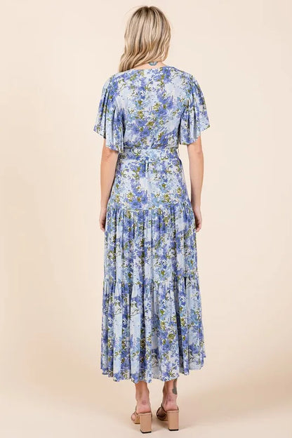 Floral Tie Waist Flutter Sleeve Tiered Dress in Dusty Blue - product view 6