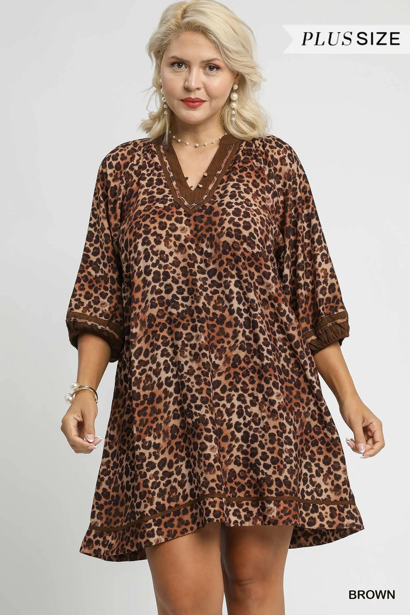 Full Size Leopard Print Mini Dress with Contrast Trim Plus Size - Brown - product view 7