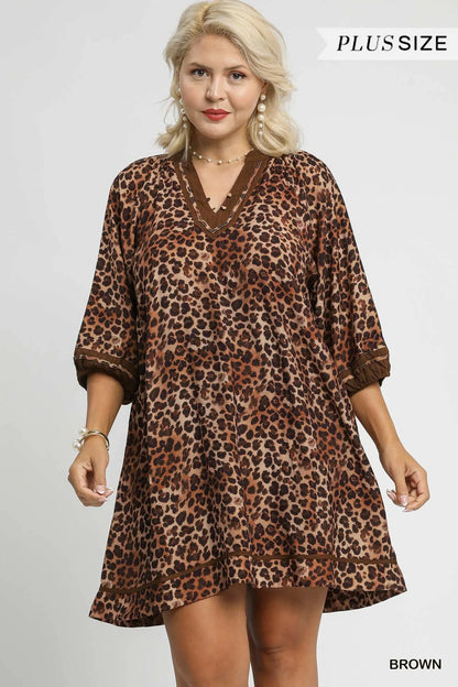 Full Size Leopard Print Mini Dress with Contrast Trim Plus Size - Brown - product view 7