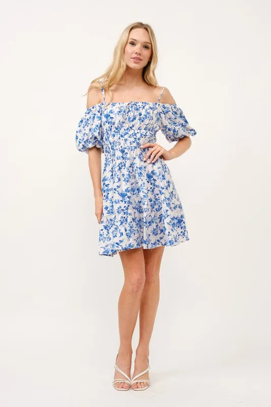 Off Shoulder Bubble Sleeve Dress in White Blue - product view 4