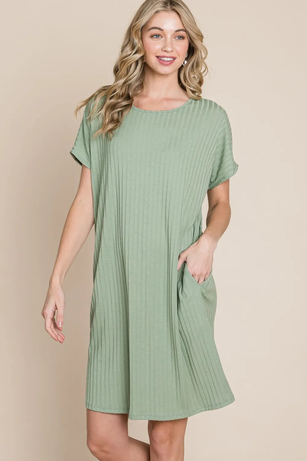 Ribbed Round Neck Short Sleeve Dress in Sage - product view 1