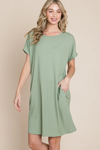 Ribbed Round Neck Short Sleeve Dress in Sage - product view 1