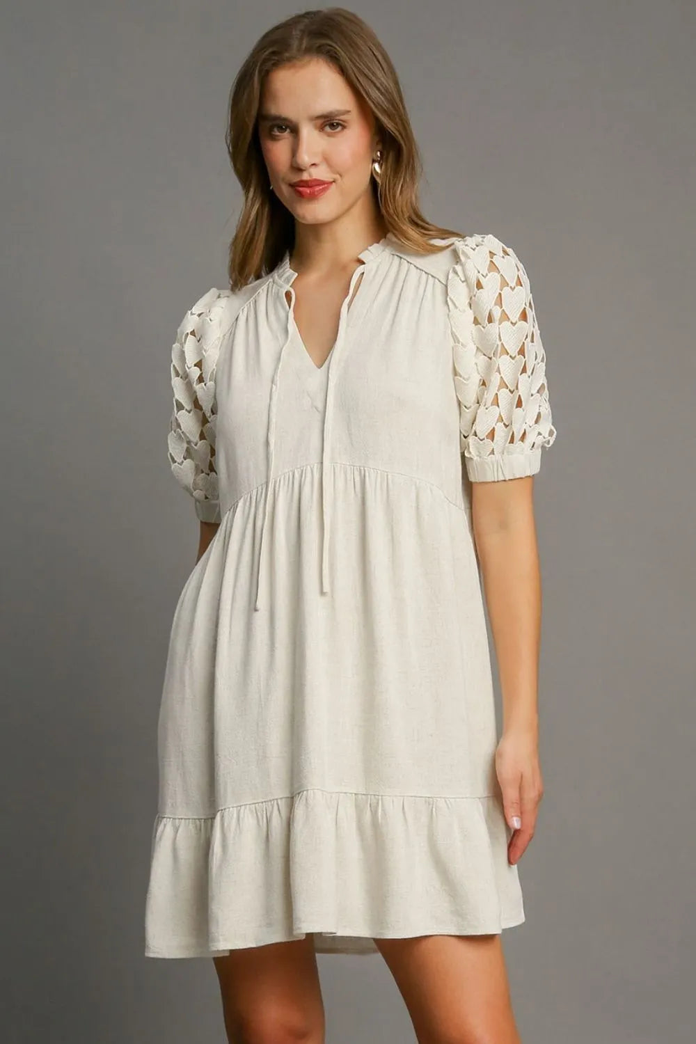 Full Size Ruffled Hem Heart Lace Sleeve Tie Neck Dress Plus Size in Oatmeal - product view 1