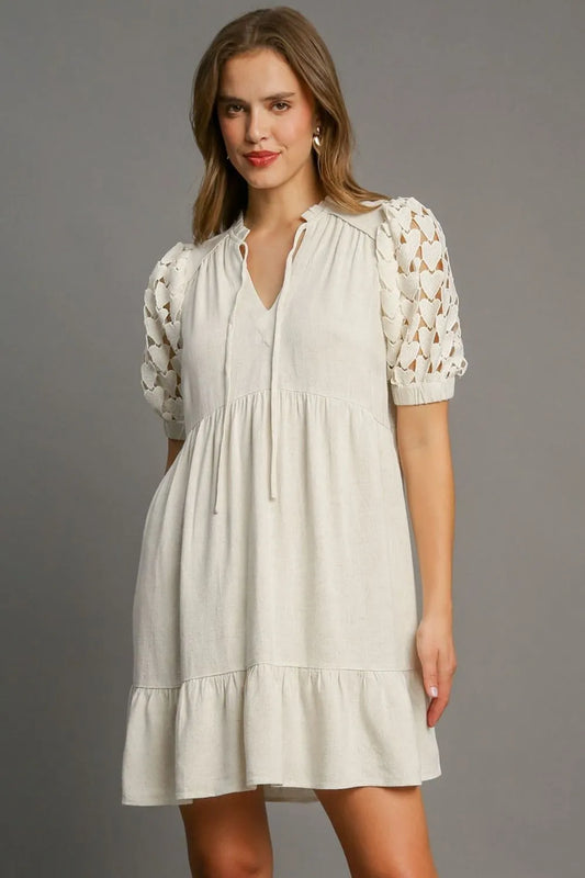 Full Size Ruffled Hem Heart Lace Sleeve Tie Neck Dress Plus Size in Oatmeal - product view 1