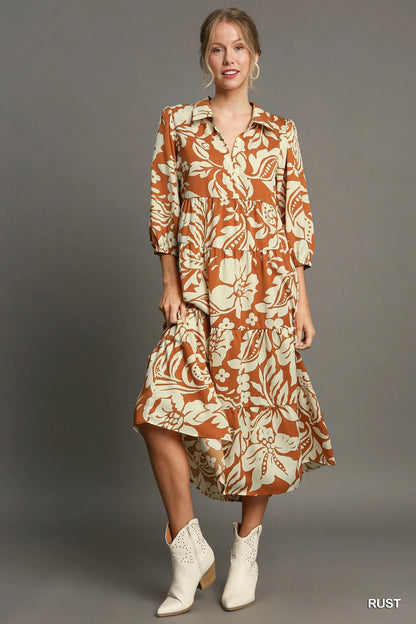 Full Size Floral Tiered Midi Shirt Dress Plus Size in Rust - product view 1