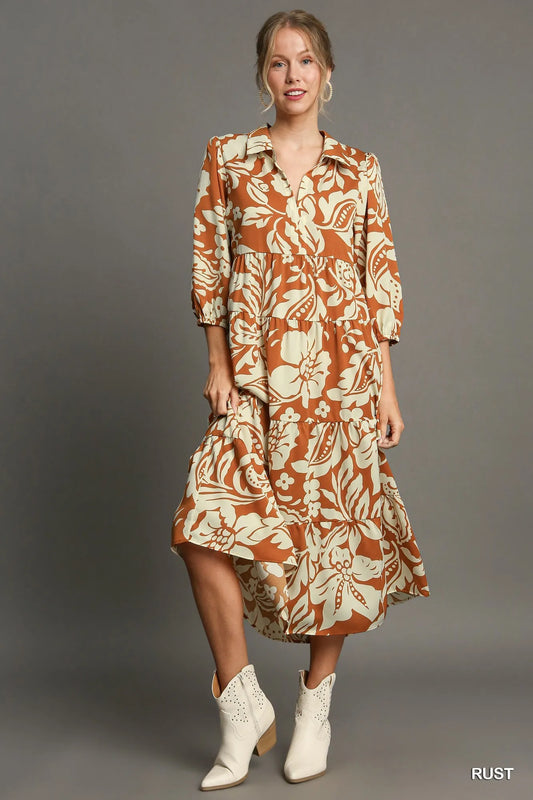 Full Size Floral Tiered Midi Shirt Dress Plus Size in Rust - product view 1