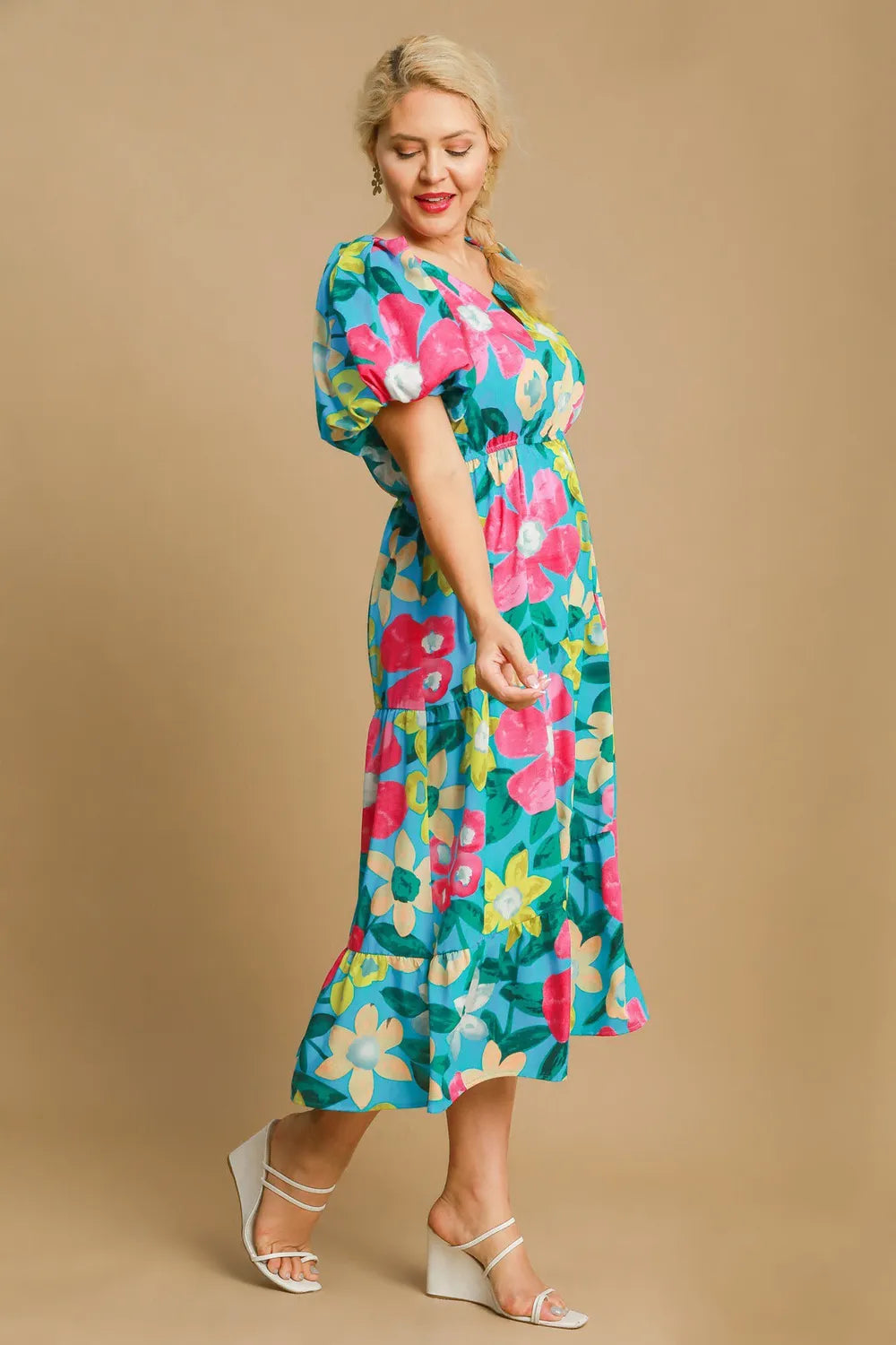 Full Size Tiered Floral Print Notched Puff Sleeve Midi Dress Plus Size - Azuremix - product view 6