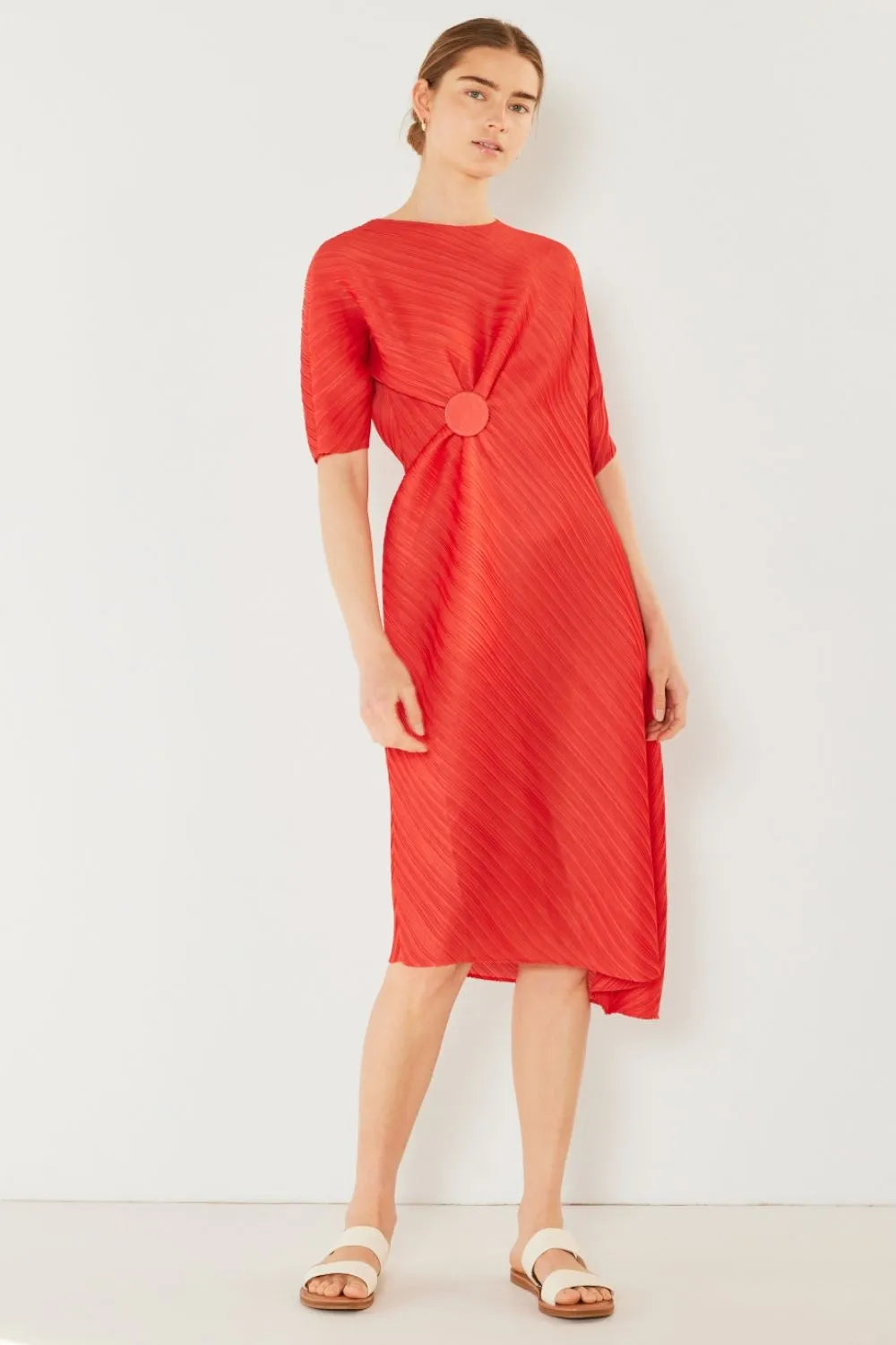 Pleated Dolman Sleeve Dress in Brown Khaki, Deep Orange and more - product view 7