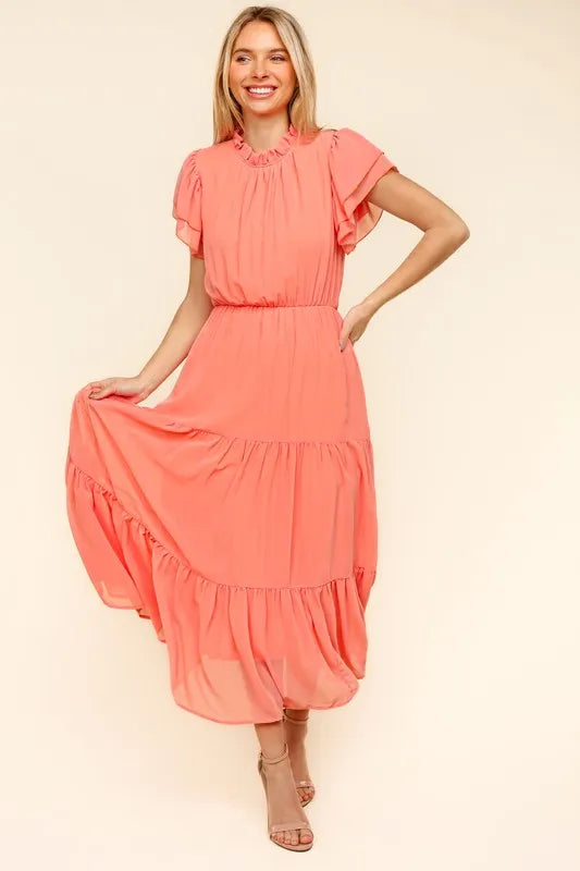 Full Size Tiered Frill Mock Neck Short Sleeve Dress in Peach - product view 5