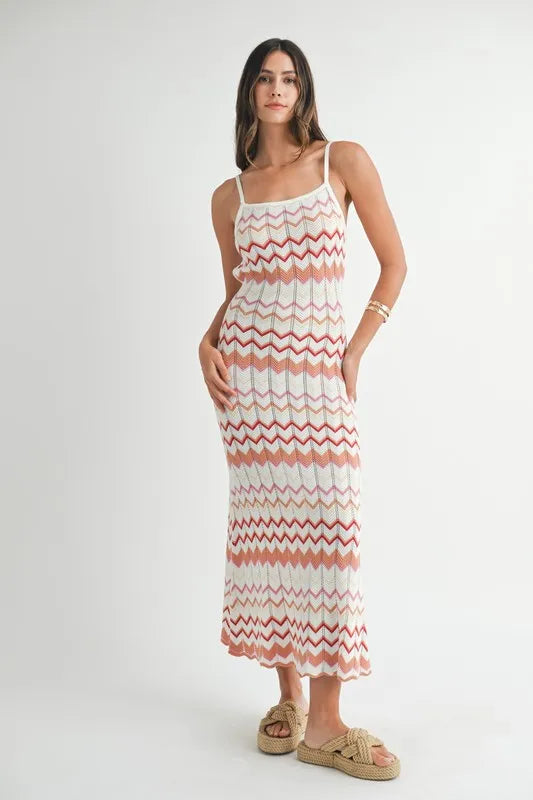 Lightweight Pointelle Chevron Knit Maxi Dress - Salmon - product view 2