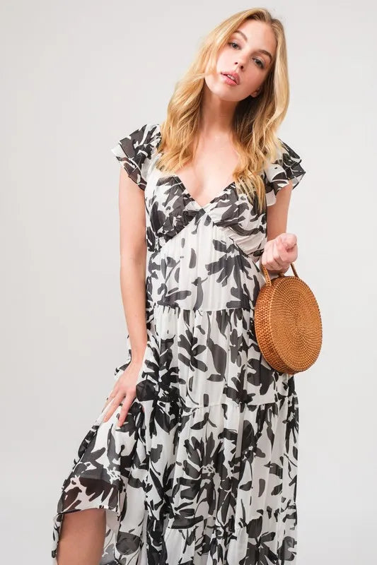 Ruffled Sleeve Tiered Floral Print Maxi Dress in Black Cream - product view 6