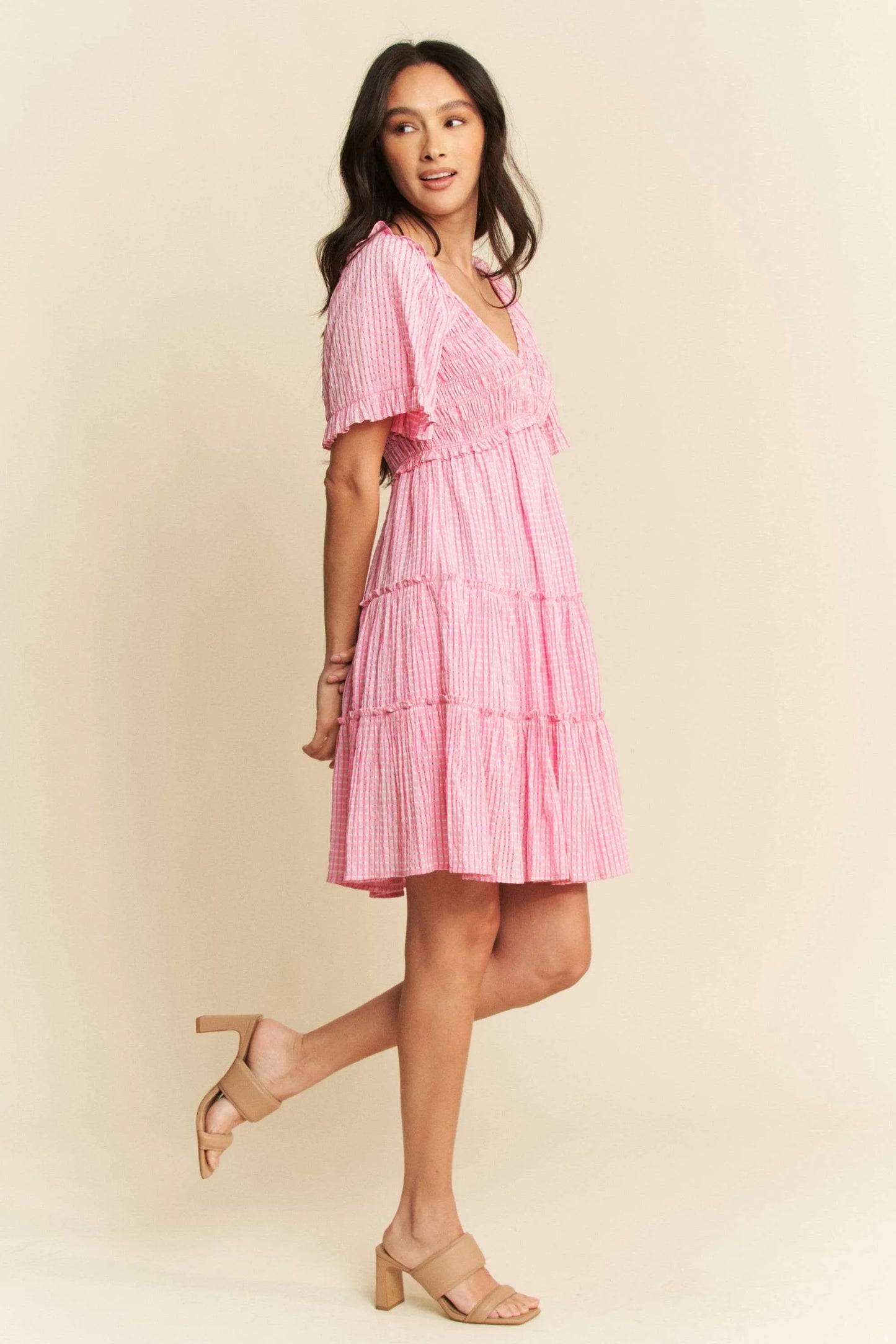 Jacquard Checker Smocking Tiered Dress - Barbie Pink - product view 9
