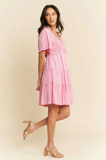 Jacquard Checker Smocking Tiered Dress - Barbie Pink - product view 9