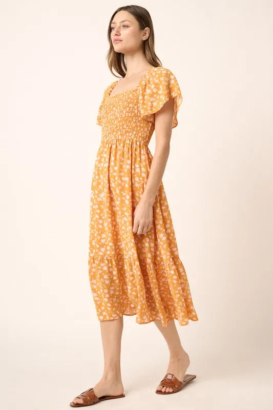 Flower Print Flutter Sleeve Smocked Midi Dress in Gold - product view 5