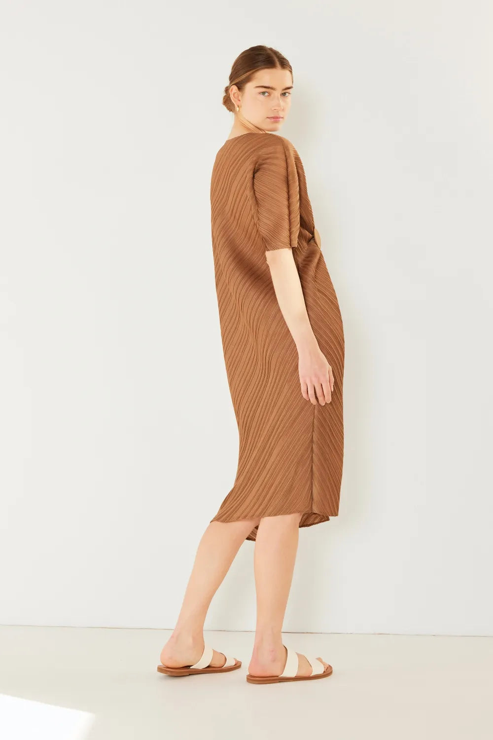 Pleated Dolman Sleeve Dress in Brown Khaki, Deep Orange and more - product view 3