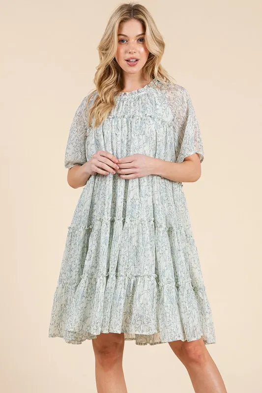 Ditsy Floral Print Sheer Ruffle Detail Mini Dress in Ivory Combo - product view 8