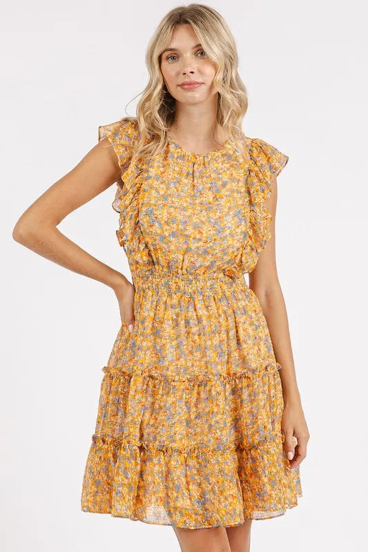 Ditsy Floral Print Ruffle Chiffon Mini Dress in Tangerine - product view 1