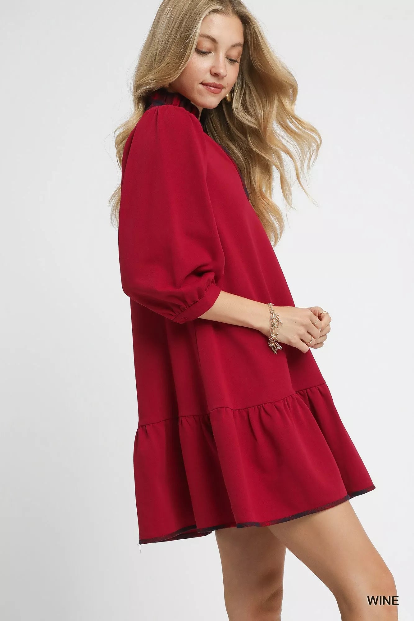 French Terry Ruffle Hem Dress with Plaid Trim - Wine - product view 2