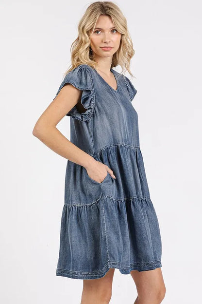 V-Neck Ruffled Cap Sleeve Mini Dress in Dk Denim - product view 3
