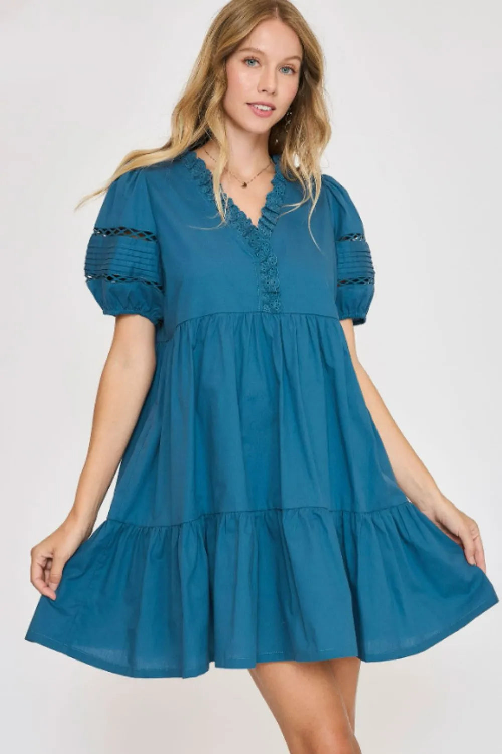 Full Size Lace Detail Puff Sleeve Mini Dress Plus Size in Cerulean - product view 1