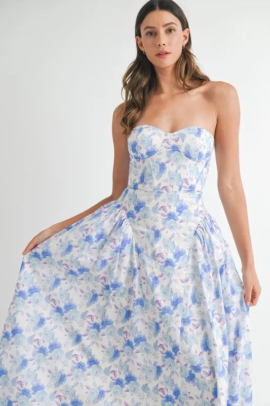 Sweetheart Neckline Floral Printed Midi Dress in Blue - product view 9