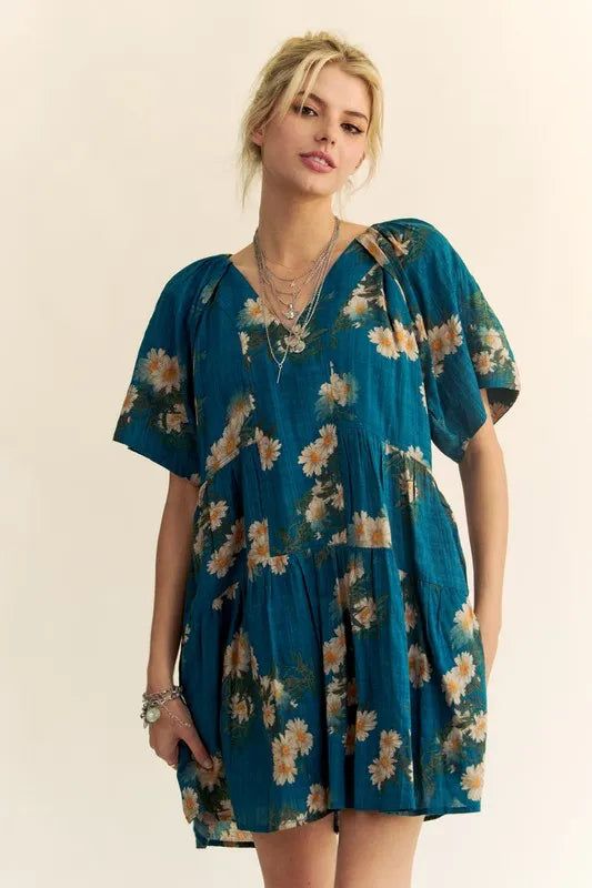 Floral Print Short Bell Sleeve Pleated Mini Dress in Teal Blue - product view 3