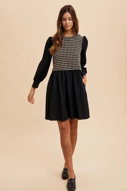 Tie Back Plaid Round Neck Mini Dress in Black - product view 5