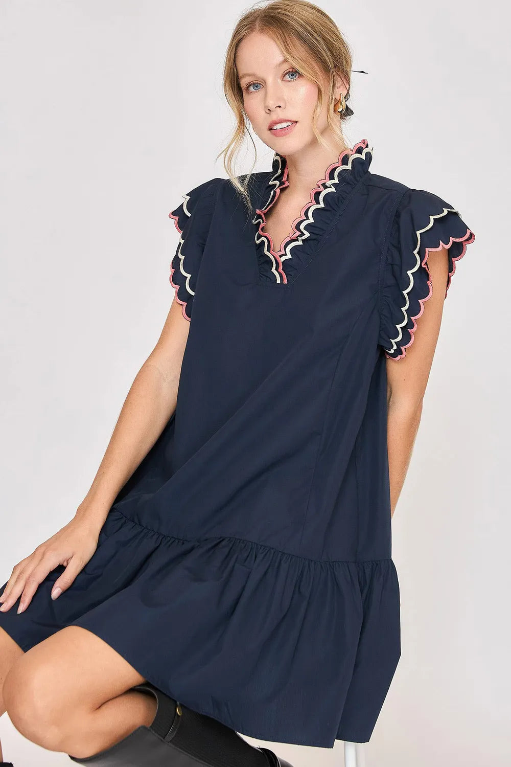 Full Size Ruffled Scalloped Sleeved Dress Plus Size in Dark Navy - product view 1