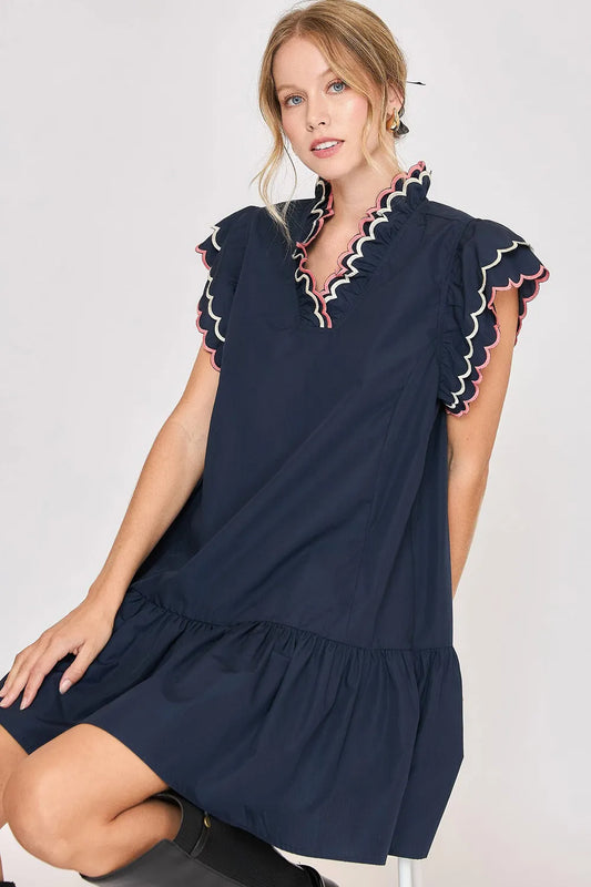 Full Size Ruffled Scalloped Sleeved Dress Plus Size in Dark Navy - product view 1