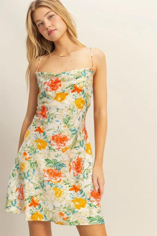 Floral Cowl Neck Flirty Satin Mini Dress - Apple Green - product view 1