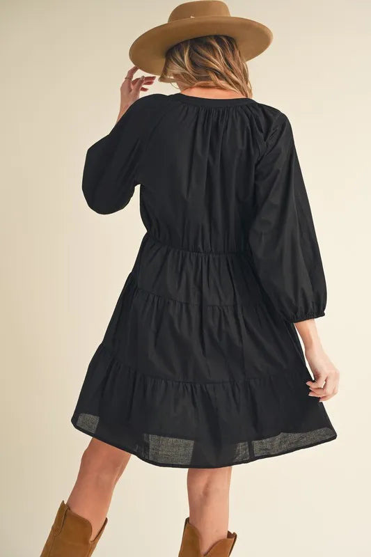 Notched Balloon Sleeve Tiered Mini Dress - Black - product view 4