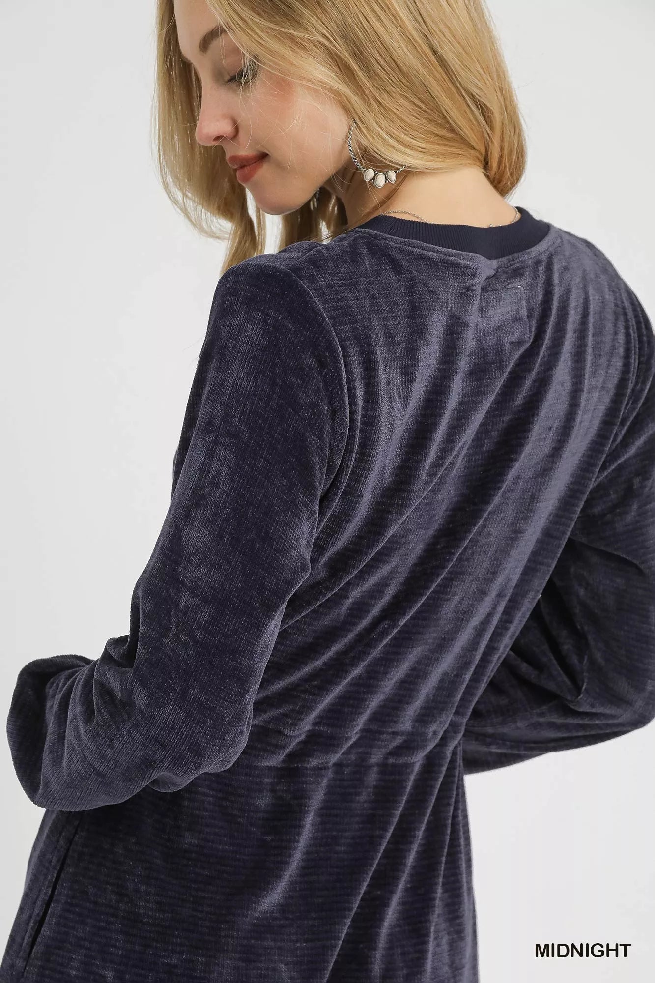 Velour Drawstring Mini Dress with Long Sleeves - Midnight - product view 5