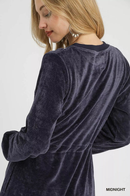 Velour Drawstring Mini Dress with Long Sleeves - Midnight - product view 5