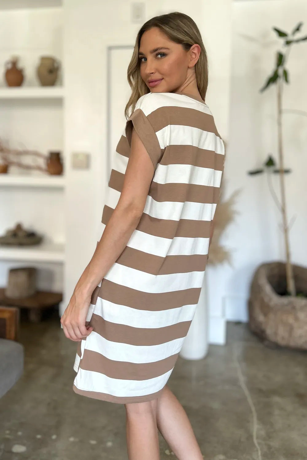 Full Size Striped Round Neck Cap Sleeve Mini Dress in Black, Camel and Dusty Blue - product view 9