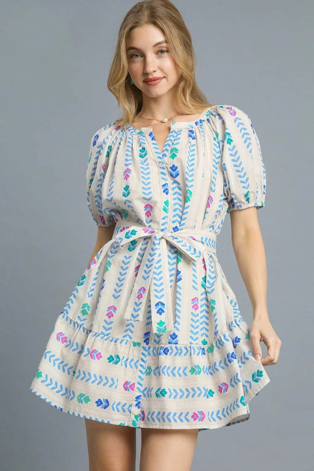 Printed Tie Waist Puff Short Sleeve Mini Dress - Ivory - product view 1