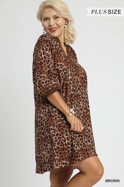 Full Size Leopard Print Mini Dress with Contrast Trim Plus Size - Brown - product view 8